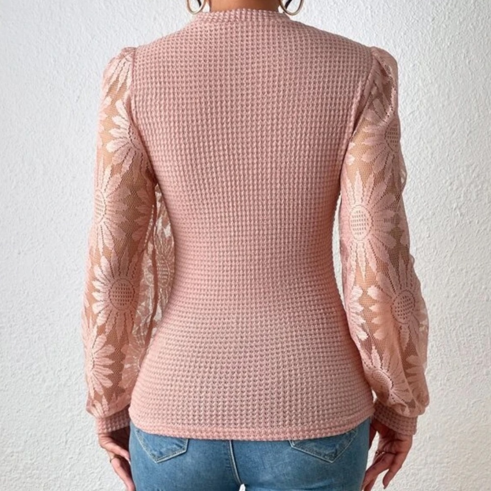 08 Boho Floral Sheer Lace Sleeve Top - Picture 6 of 8